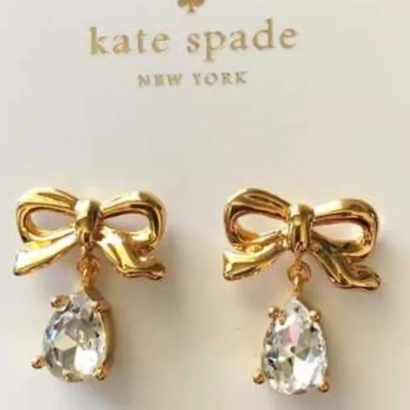 New Kate Spade Gold Tone Bow CZ Dangle Earrings - Picture 5 of 14